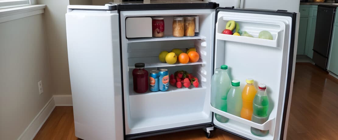 un petit frigo sur un chariot dans une maison